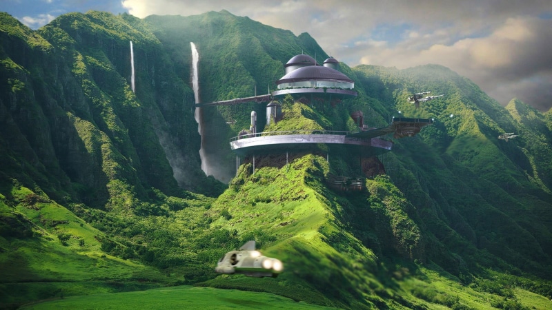 waterfall, land, green color, environment, mountain, scenics - nature, futuristic, tranquility, plant, nature, mountain range, architecture, tranquil scene