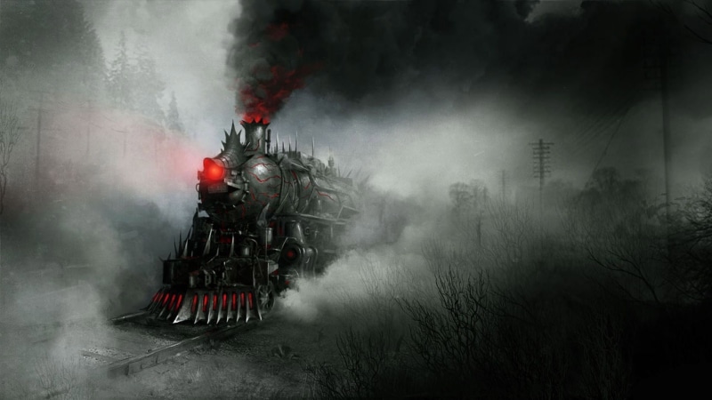 dark, pollution, architecture, 1080P, steampunk, nature, black, environment, transportation, mode of transportation, illustration, no people, demon, steam locomotive