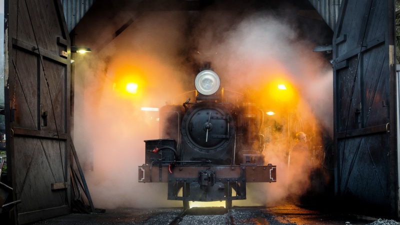 vehicle, rail transportation, outdoors, train, steam, 2K, smoke - physical structure, metal, nature, machinery, transportation, smoke, steam train, orange color