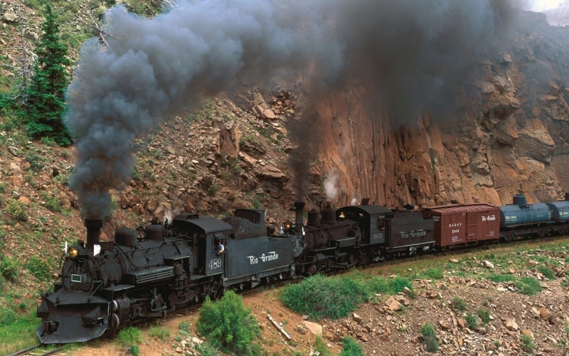 black, day, cliff, train, rail transportation, locomotive, 1080P, land vehicle, land, outdoors, mode of transportation, nature, explosive, transportation