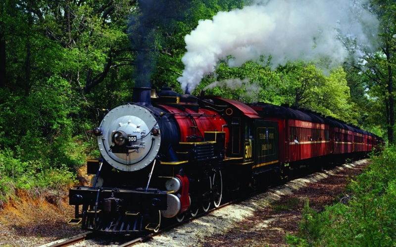 tree, steam train, vehicle, vintage, 1080P, trees, travel, outdoors, plant, red, locomotive, train - vehicle, train, transportation, day, no people, pollution