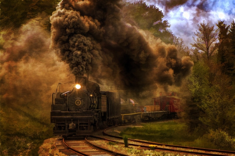 train, no people, steam, 1080P, plant, sky, track, outdoors, rail transportation, mode of transportation, steam train, trees, public transportation, nature
