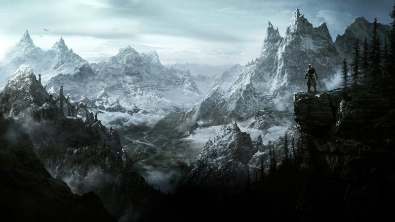 activity, The Elder Scrolls V: Skyrim, mountains, illustration, cloud - sky, adventure, landscape, mountain range, Dovakhiin, nature, tranquility, tranquil scene
