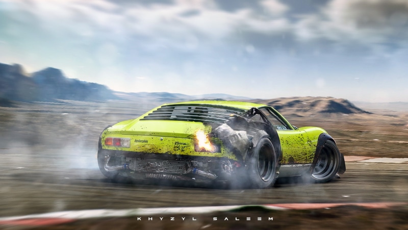 day, artwork, mode of transportation, nature, wet, cloud - sky, land vehicle, transportation, 720P, Lamborghini Miura, speed, mountain, car, travel, Lamborghini
