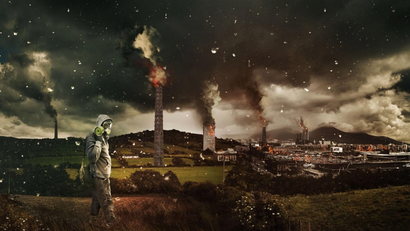 fantasy, suit, fire, 1920x1080, gas, burning, mask, gray, 1080P, building, smoke, city