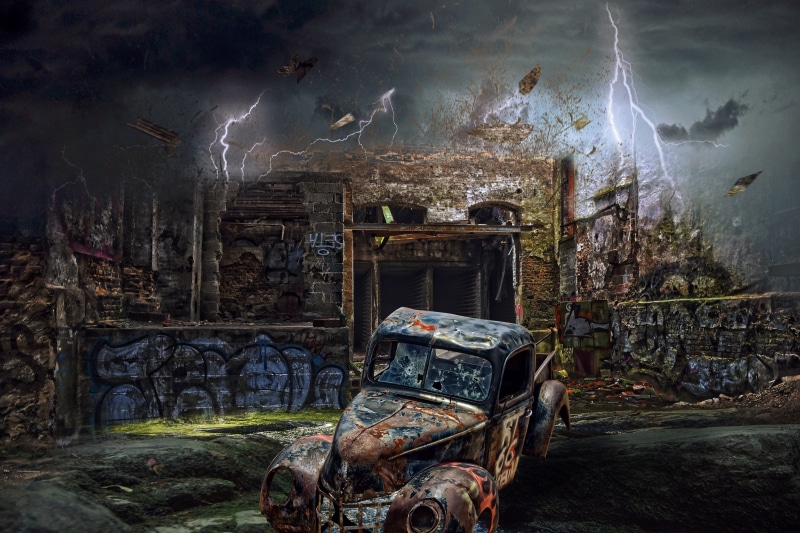 ruined, bad condition, weathered, outdoors, scifi, storm, apocalypse, city, no people, clouds, abandoned, obsolete, decline, night, lightning, built structure