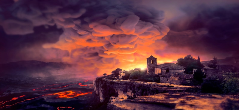 fantasy, disaster, sky, building, burn, building exterior, smoke, light, mysticism, frightening, ruined, heat - temperature, travel destinations, architecture