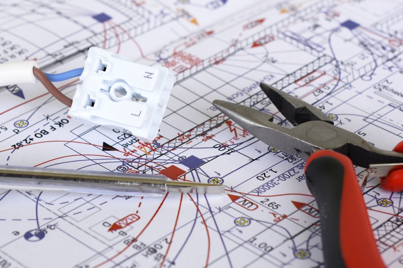 technology, creativity, current, blueprint, equipment, 5K, plan, selective focus, architecture, energy, instrument of measurement, complexity, electrical installation connections