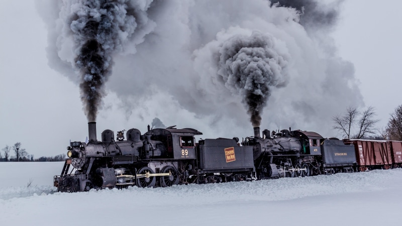 tree, smoke - physical structure, smoke, sky, railroad car, steam locomotive, vehicle, pollution, cold temperature, air pollution, mountain, transportation