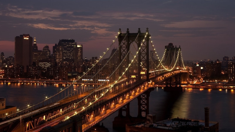 city, night, bridge - man made structure, architecture, bridge, Manhattan Bridge, built structure, cityscape, building, illuminated, 1080P, nature, building exterior