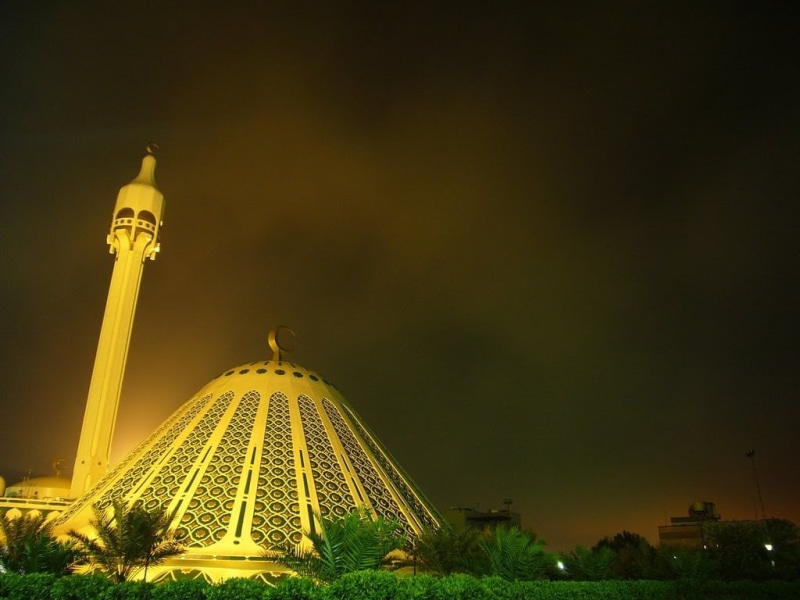 religion, tower, spirituality, sky, no people, night, kuwait, shaped, illuminated, place of worship, muslim, travel destinations, built structure, city