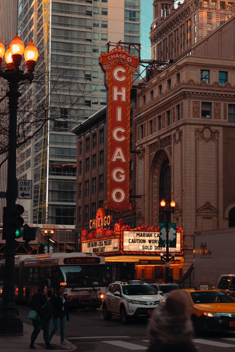 building, city, office building exterior, theatre, building exterior, chicago, western script, city street, architecture, land vehicle, musical, real people
