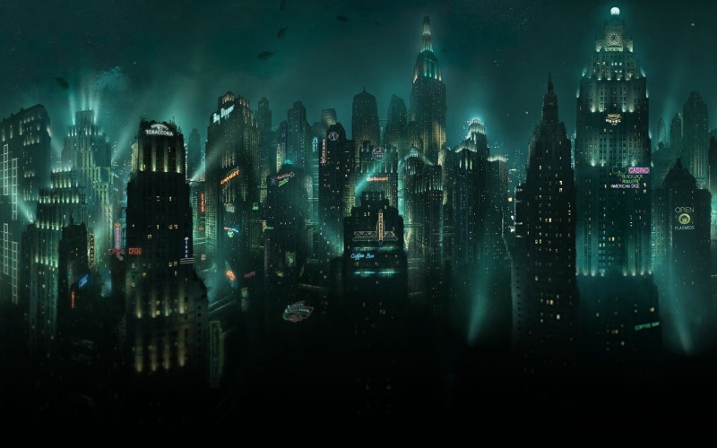 Rapture, BioShock, residential district, cityscape, rain, tall - high, night, wet, no people, 720P, building, skyscraper, city life, painting, building exterior