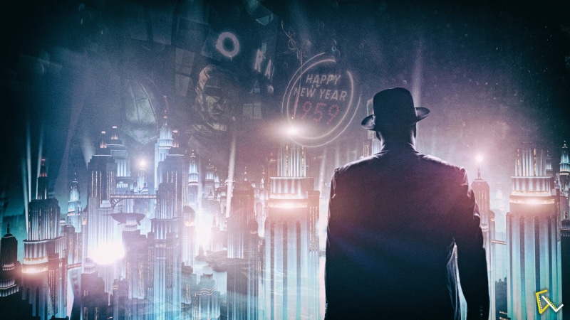 video games, multiple exposure, suit, front, young men, night, digital art, sea, building exterior, city, graphics, BioShock Infinite: Burial at Sea, lifestyles