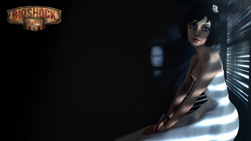 contemplation, black hair, portrait, bioshock, black background, one person, dark, clothing, young adult, beautiful woman, hairstyle, Elizabeth (BioShock)