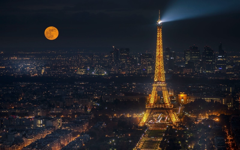 lights, 1080P, France, panorama, Paris, night city, the moon, Eiffel Tower