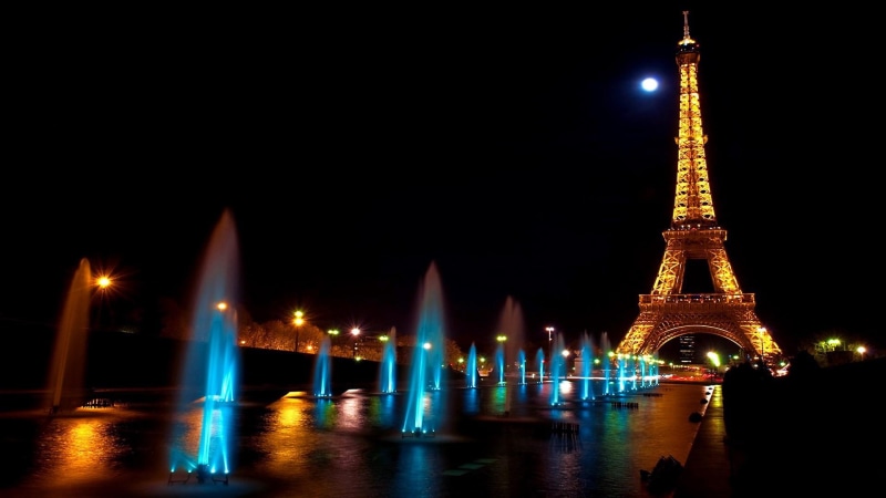 1080P, paris, europe, france, moon, fountains, night, eiffel tower, tower