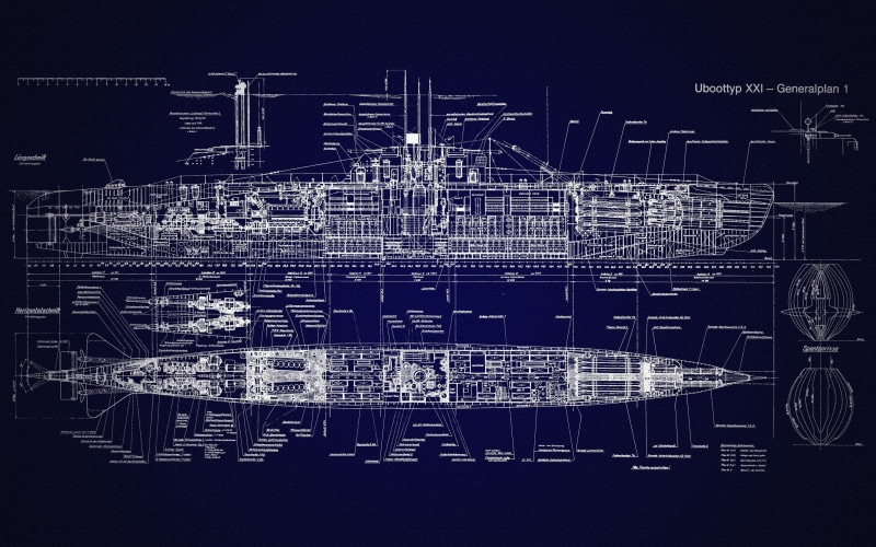 U-Boat, blueprints, submarine, 2K, Type XXI, schematic