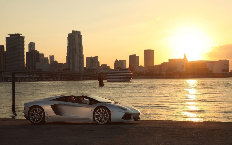 building, urban skyline, Miami, modern, car, Lamborghini, sky, sunset, nature, no people, office building exterior, architecture, city, cityscape, landscape