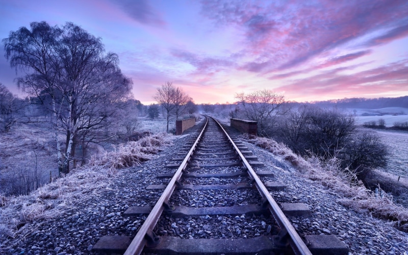 vanishing point, train, outdoors, winter, transportation, beauty in nature, no people, railroad track, tree, long, direction, 1080P, sunset, track, sky