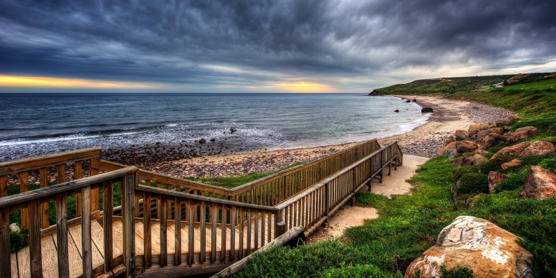 no people, railing, stones, sea, sunset, tranquil scene, HDR, coast, high angle view, clouds, nature, horizon, beach, sky, horizon over water, wooden, scenics - nature