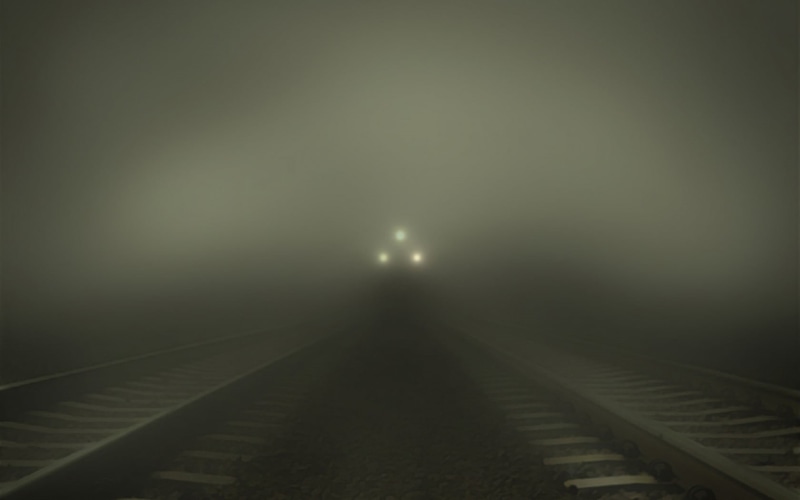 vanishing Point, foggy, spooky, 720P, fog, empty, railroad track, rail, sky, the way forward, track, abstract, public transportation, rail transportation