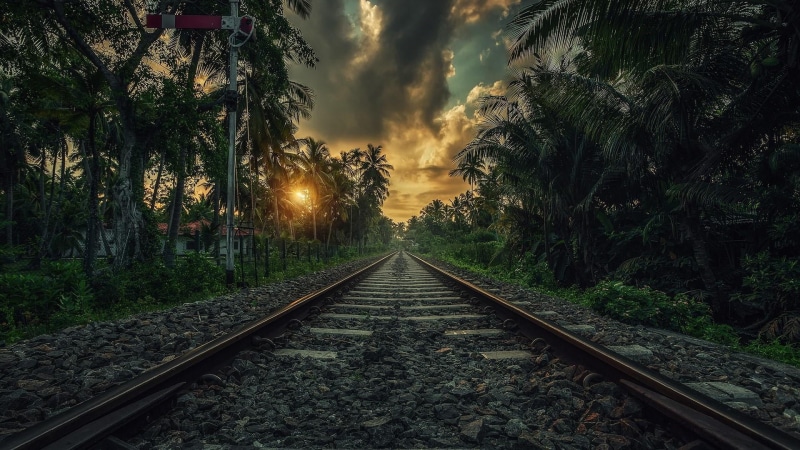 railroad track, forest, sky, architecture, asia, direction, cloud - sky, sri lanka, outdoors, no people, 1080P, sunset, track, railway, nature, growth