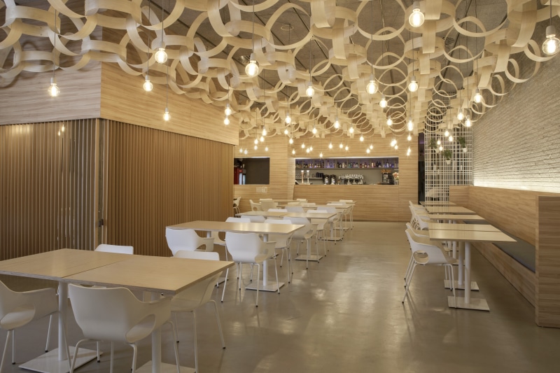 decor, light, inside, seat, chair, ceiling, building, illuminated, repetition, dining, Restaurant, arrangement, in a row, Cafe, built structure, lamps