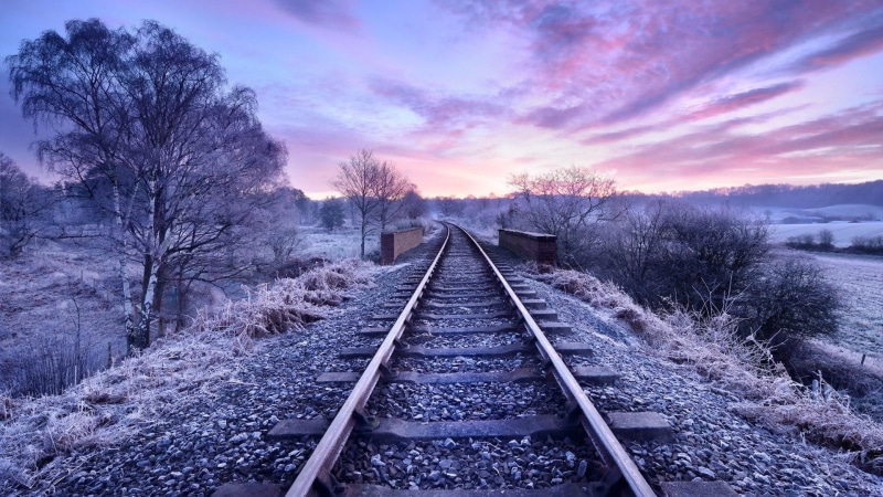 railroad, clouds, nature, tracks, rail, tree, landscape, track, purple landscape, railway, 1080P, hoarfrost, winter