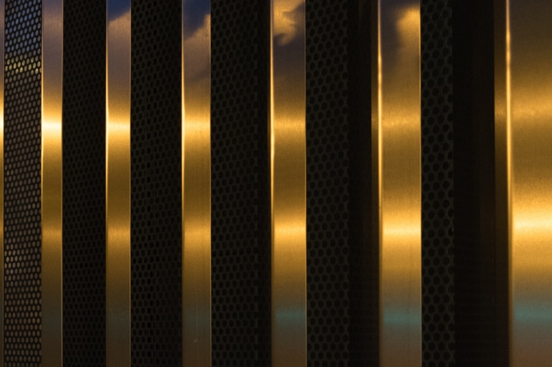 textured, chrome, Metal, Vertical, illuminated, architecture, pattern, reflection, backgrounds, 4K, gold colored, shape, design, iron - Metal, black, technology