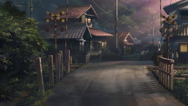 railway crossing, 1080P, village, Japan, road, drawing, anime, artwork, Children Who Chase Lost Voices