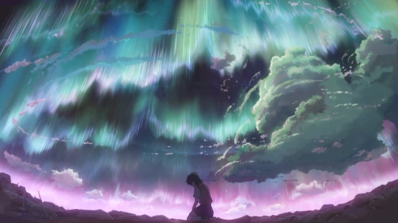 lifestyles, silhouette, Makoto Shinkai, rear view, Children Who Chase Lost Voices, sky, cloud - sky, mountain, night, nature, motion, scenics - nature