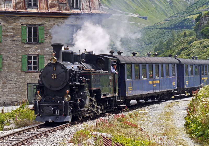 valais, entrance gletsch, house, dfb, land vehicle, furka pass, track, engine, meter track, no people, black, steam locomotive, nostalgia, day, nature