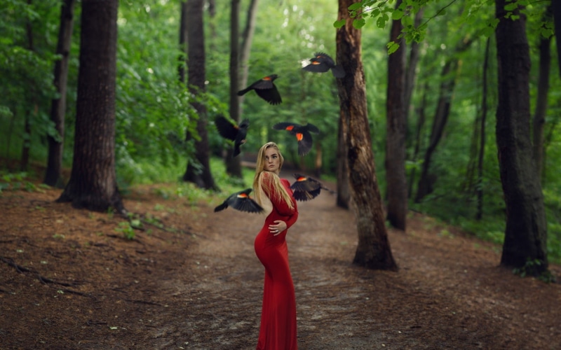dress, women outdoors, field, forest, 720P, outdoors, long, long hair, bird, depth, red dress, sleeve, bodycon, hair, women, blonde, depth of field, s