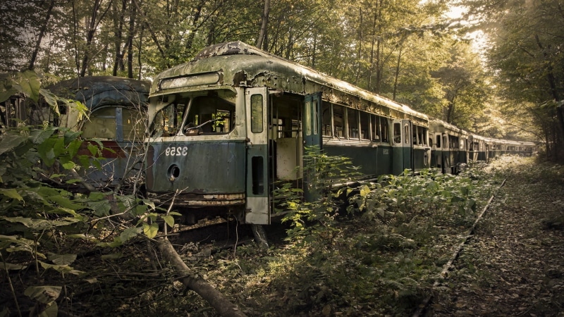 green color, Railway, ruined, Rail Yard, Trees, damaged, Old, Broken, public transportation, deterioration, leaves, day, Scrap, mode of transportation