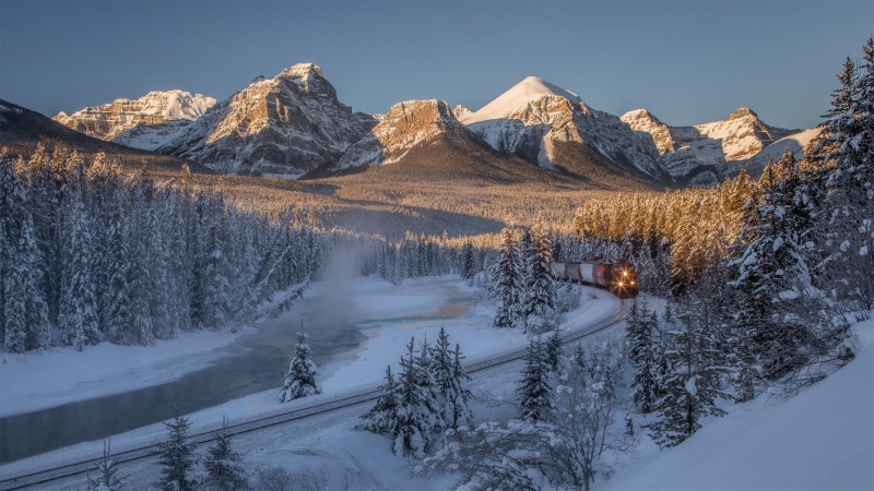 covered, 1080P, cold temperature, beauty in nature, railway, pine tree, formation, trees, snowcapped mountain, mountain peak, Canadian, non-urban scene