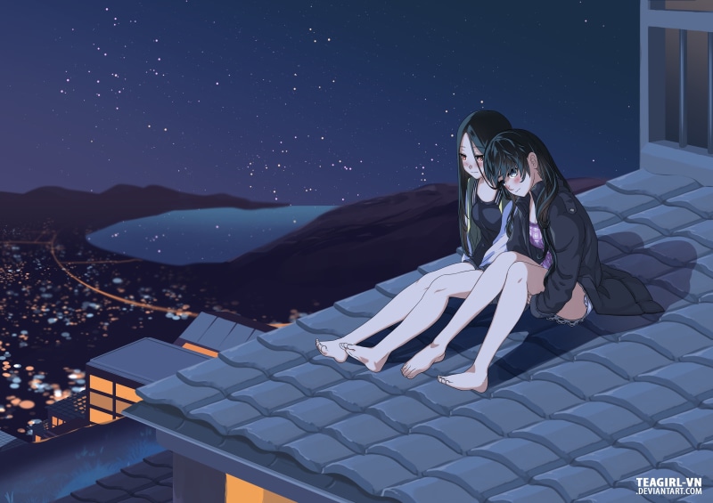 Girl, Yuri, Night, Rooftop, Stars, 4K, Original, Anime