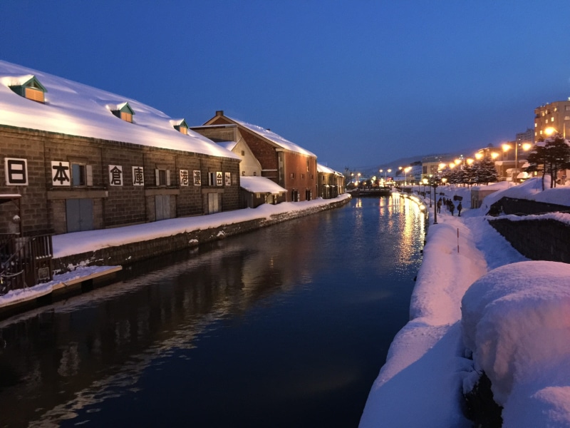 Snow, Canal, reflection, train - vehicle, covered, street, 2K, houses, dusk, sky, waterfront, Otaru, Japan, nature, transportation, illuminated, built structure
