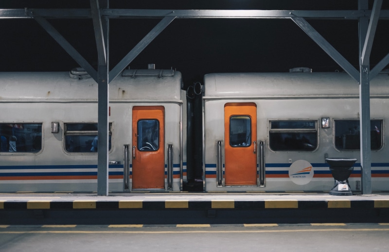 yogyakarta, train station, outdoors, passenger train, rail, arrival, train, railroad station platform, person, indonesia, daily activities, train track