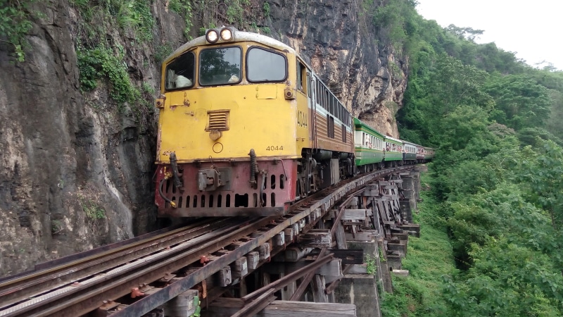 no people, public transportation, cliff, train - vehicle, tree, Kanchanaburi, rails, outdoors, track, death railway, yellow, nature, land, 4K, land vehicle