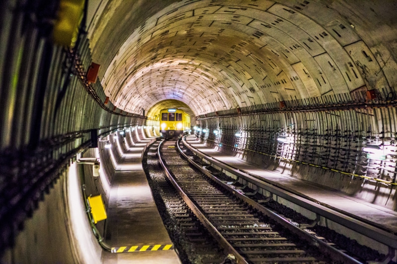 perspective, architecture, curve, transportation system, locomotive, metro, track, illuminated, empty, subway, tunnel, ceiling, pillars, U-bahn, berlin