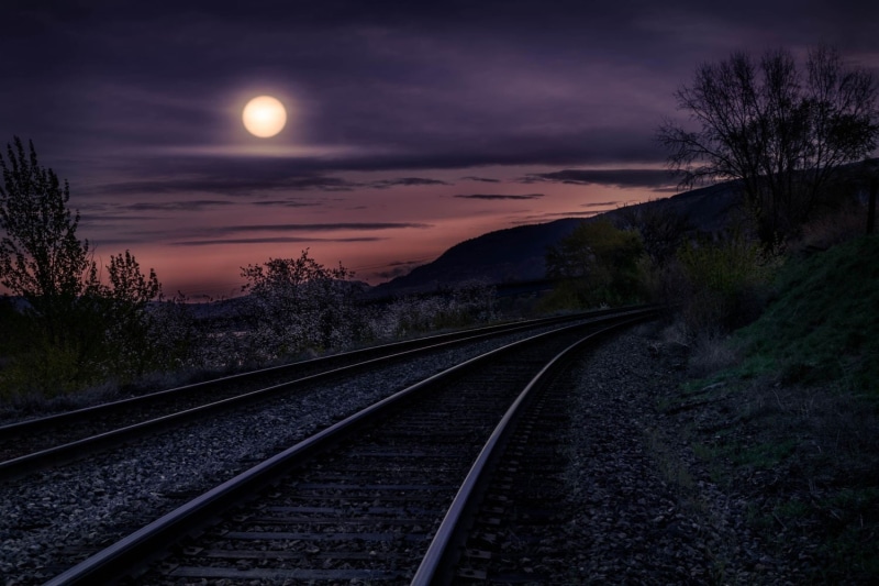 railroad track, scenics - nature, track, hills, tranquility, tranquil scene, diminishing perspective, direction, plant, cloud - sky, transportation, trees