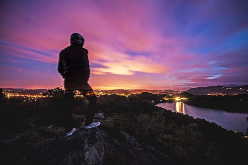 purple, alone, 4K, night, standing, building exterior, one person, silhouette, man, view, sunset, city, long exposure, scenics - nature, sky, lights, water