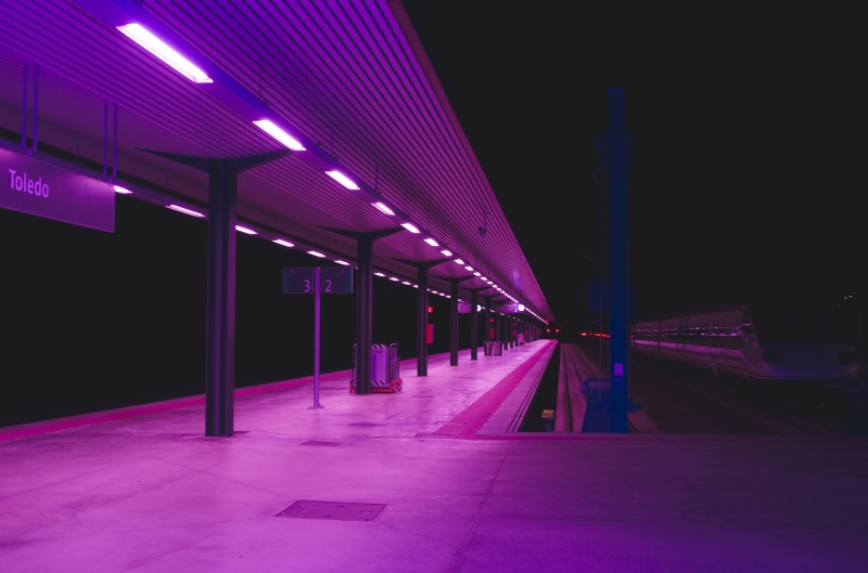footpath, indoors, lighting equipment, transportation system, dark, illuminated, train, no people, subway system, architecture, spain, 4K, street, night