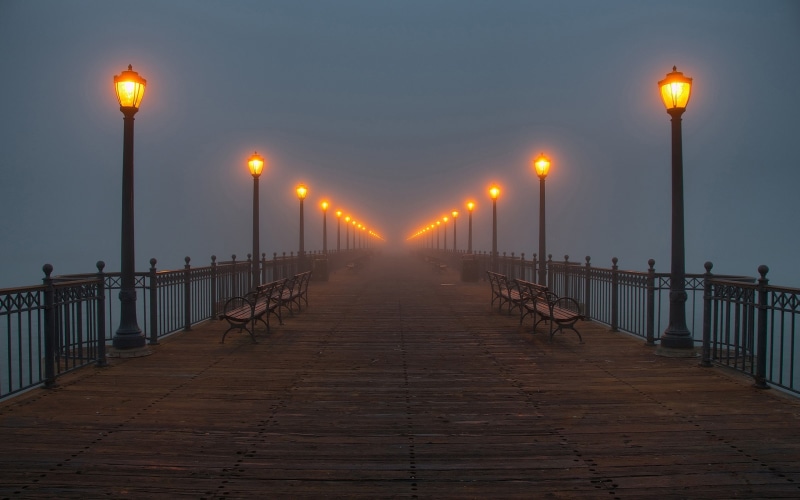 mist, bridge, lantern, the way forward, dock, pier, street, sky, street light, nature, lighting equipment, bench, light, vanishing point, connection, footbridge