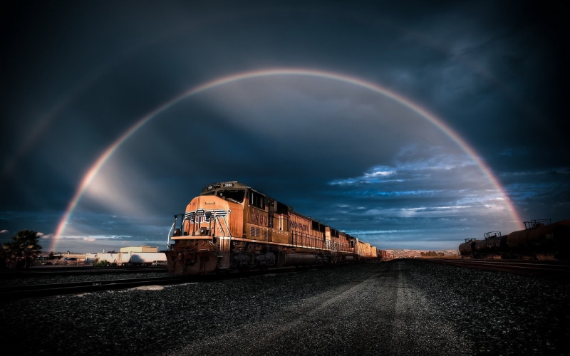 sky, double rainbow, railway, building exterior, built structure, architecture, no people, digital art, clouds, nature, rainbows, black, cloud - sky, train