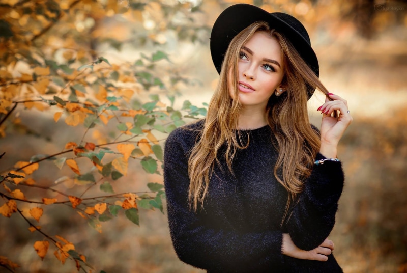 Bogdana, long, in black, shirt, makeup, leaves, black, beauty, autumn, women, hairstyle, Olga Boyko, hat, branches, 1080P, sleeved, portrait, s, pose
