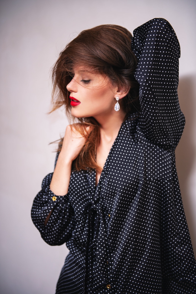 studio shot, person, shirt, women, hairstyle, clothing, s, black, photoshoot, young women, female, pose, beautiful woman, polka, young adult, beautiful
