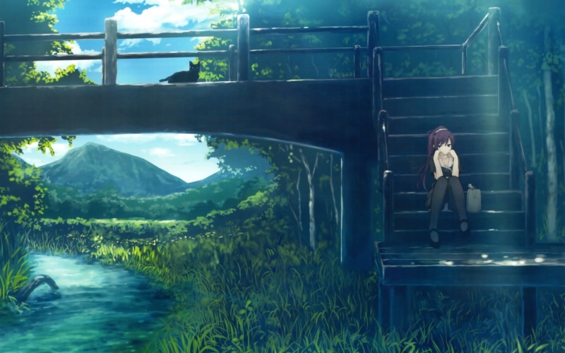 Senjougahara Hitagi, anime, anime girls, day, green Color, swimming pool, 1080P, reflection, people, cat, beauty In Nature, tree, caucasian Ethnicity