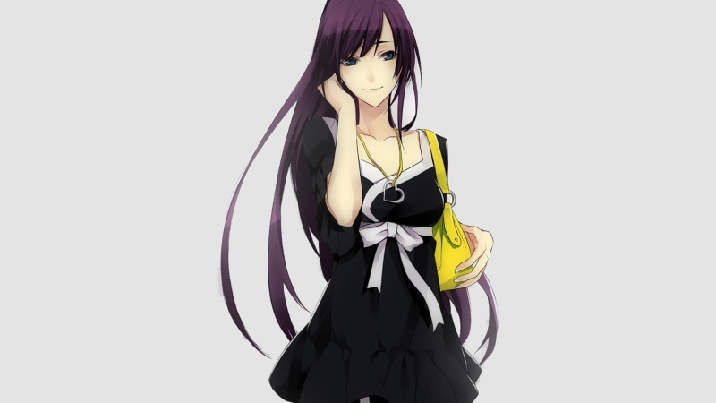one person, clothing, front view, copy space, young adult, Senjougahara Hitagi, anime girls, indoors, white background, studio shot, technology, Monogatari Series